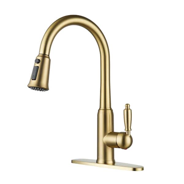 Boyel Living 3-Spray Patterns Single Handle Pull Down Sprayer Kitchen Faucet with Deckplate and Water Supply Hoses in Brushed Gold