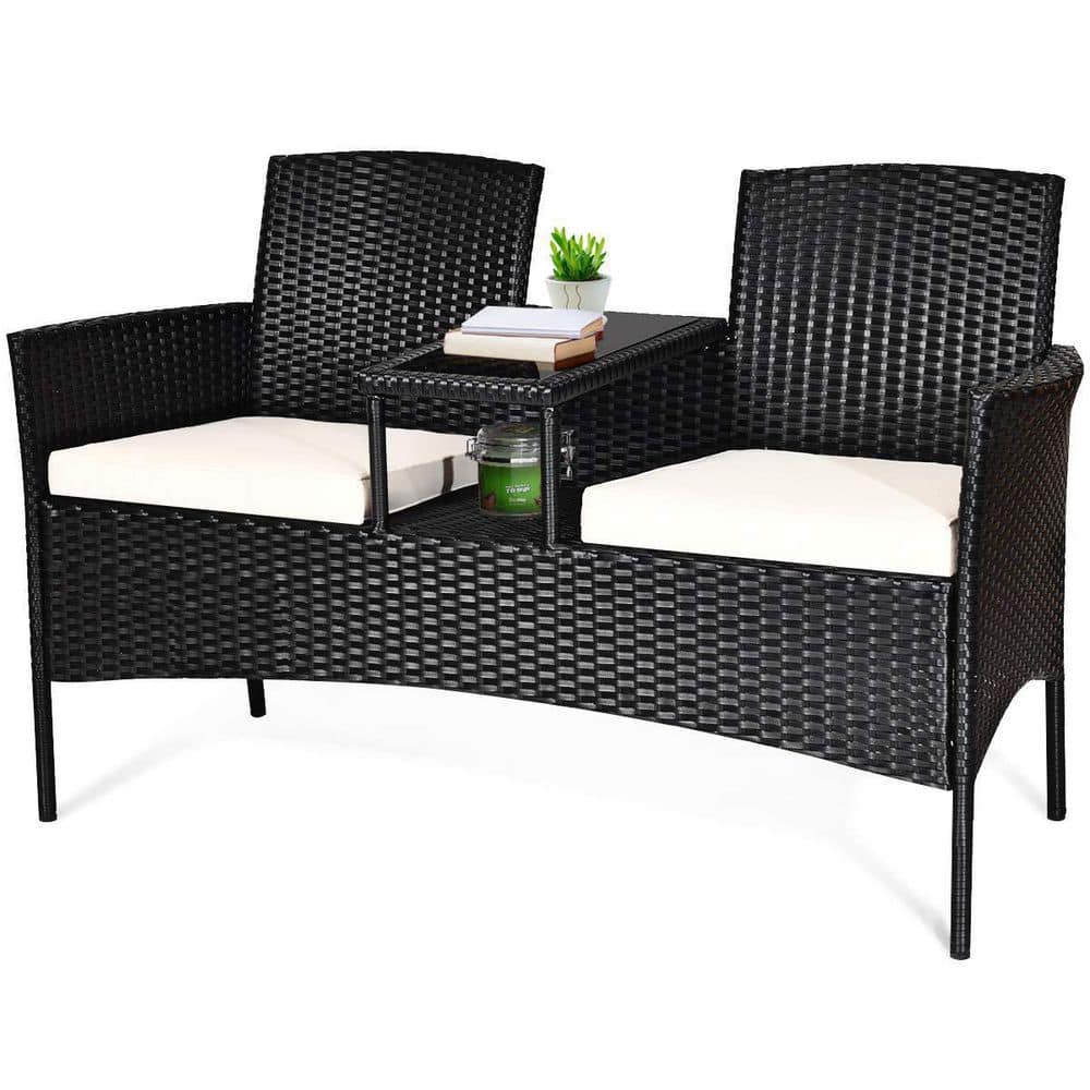 Black Wicker Outdoor Loveseat with White Cushions and Center Tea Table price history on PriceWatchPro