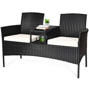 Black Wicker Outdoor Loveseat with White Cushions and Center Tea Table