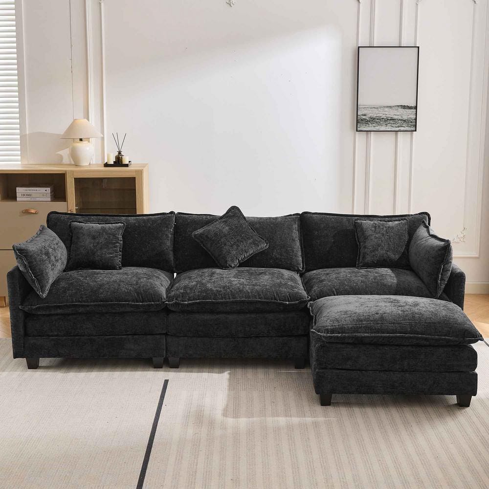 112.2 in. Square Arm Chenille L-shaped Sofa with Ottoman and 5 Pillows in. Black