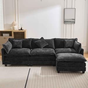 112.2 in. Square Arm Chenille L-shaped Sofa with Ottoman and 5 Pillows in. Black