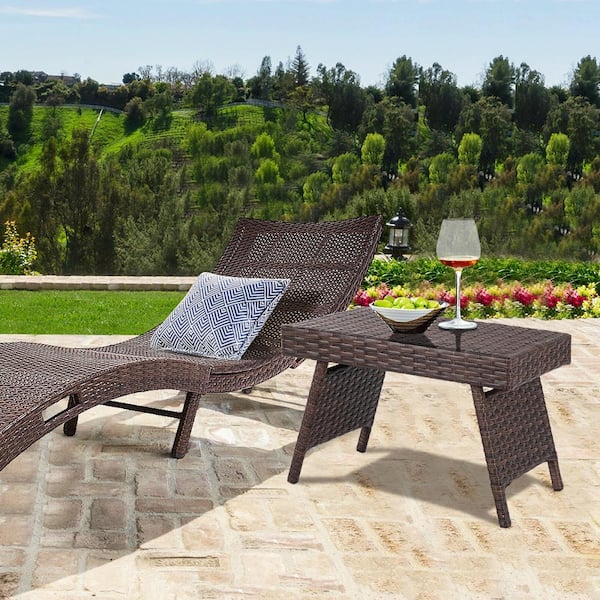 15.5 in. Brown Rectangle Wicker Outdoor Side Table Patio Rattan Coffee Table Steel Frame