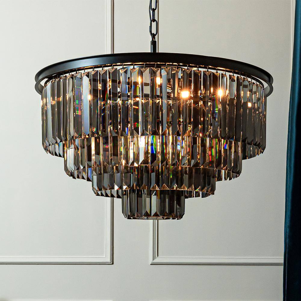 "32"" 10-Lights Modern Matte Black 4-Tier Round Fringe Chandelier with Smoke Crystal For Dining Room" price history on PriceWatchPro