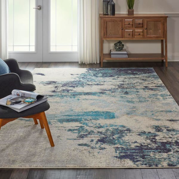 Celestial Sublime Ivory/Teal Blue 7 ft. x 10 ft. Abstract Modern Area Rug