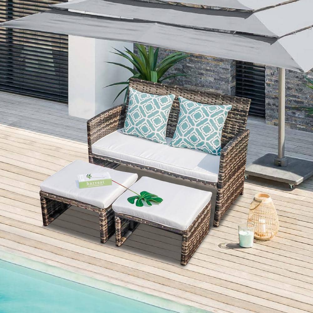 3-Piece Wicker Outdoor Loveseat with White Cushions