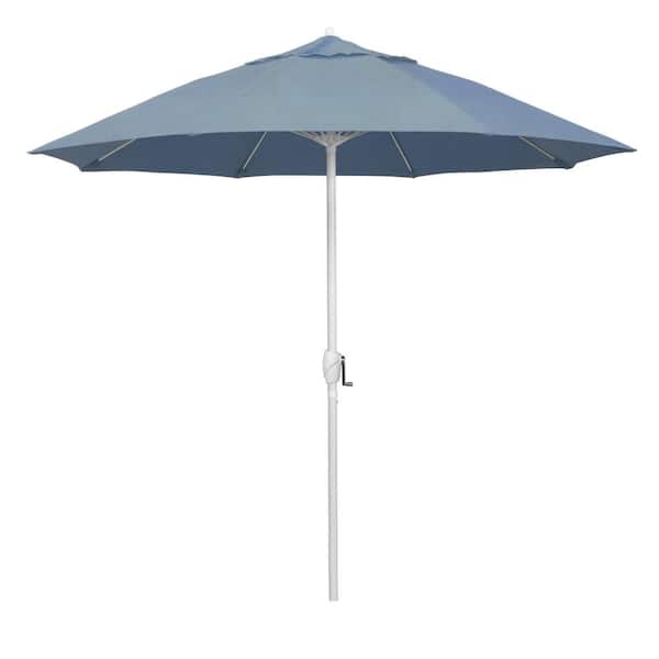 California Umbrella 9 ft. Matted White Aluminum Market Patio Umbrella Fiberglass Ribs and Auto Tilt in Air Blue Sunbrella