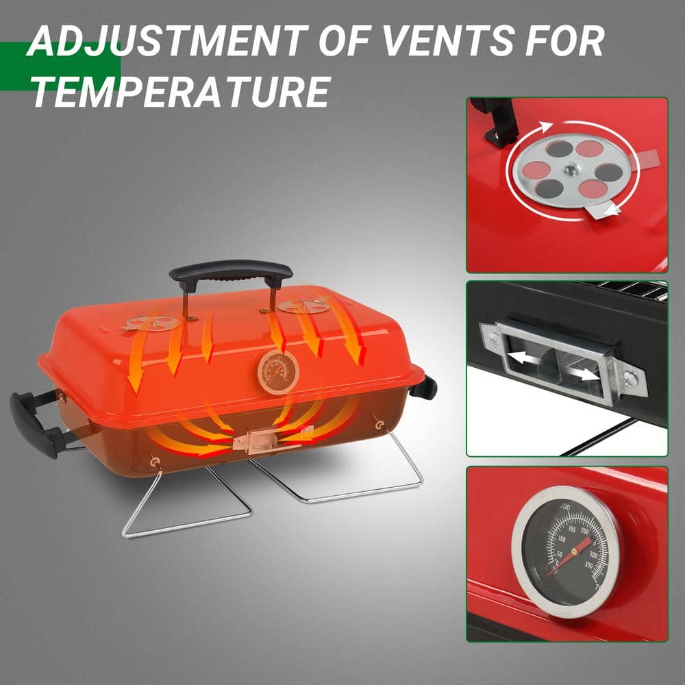 Red and Black Portable Cast Iron Charcoal Grill