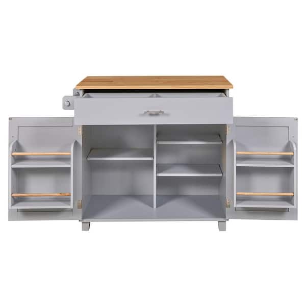 Gray Wood 39 in. Kitchen Island with 5 Wheels, Drop Leaf, Internal Storage Rack, Adjustable Shelf, Tower Rack