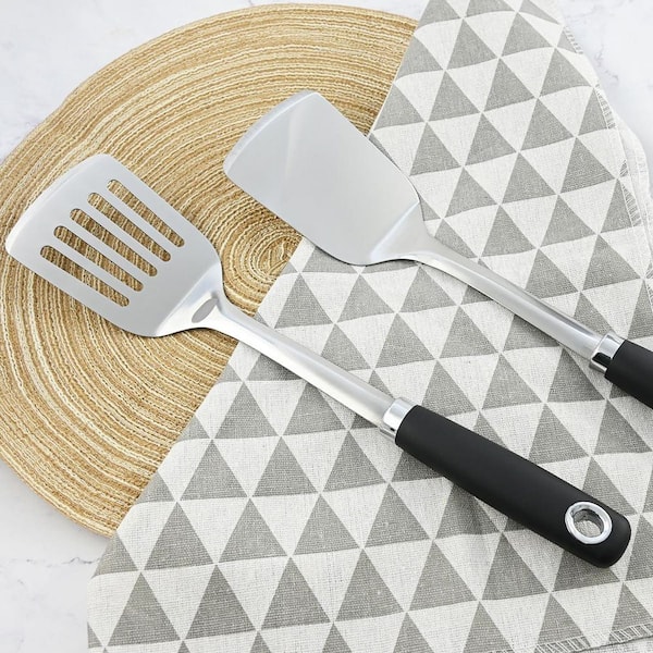 Silver Heavy Duty Spatula Set 18/0 Stainless Steel Turner Slotted High Heat Resistant Kitchen Utensils 2-Pack