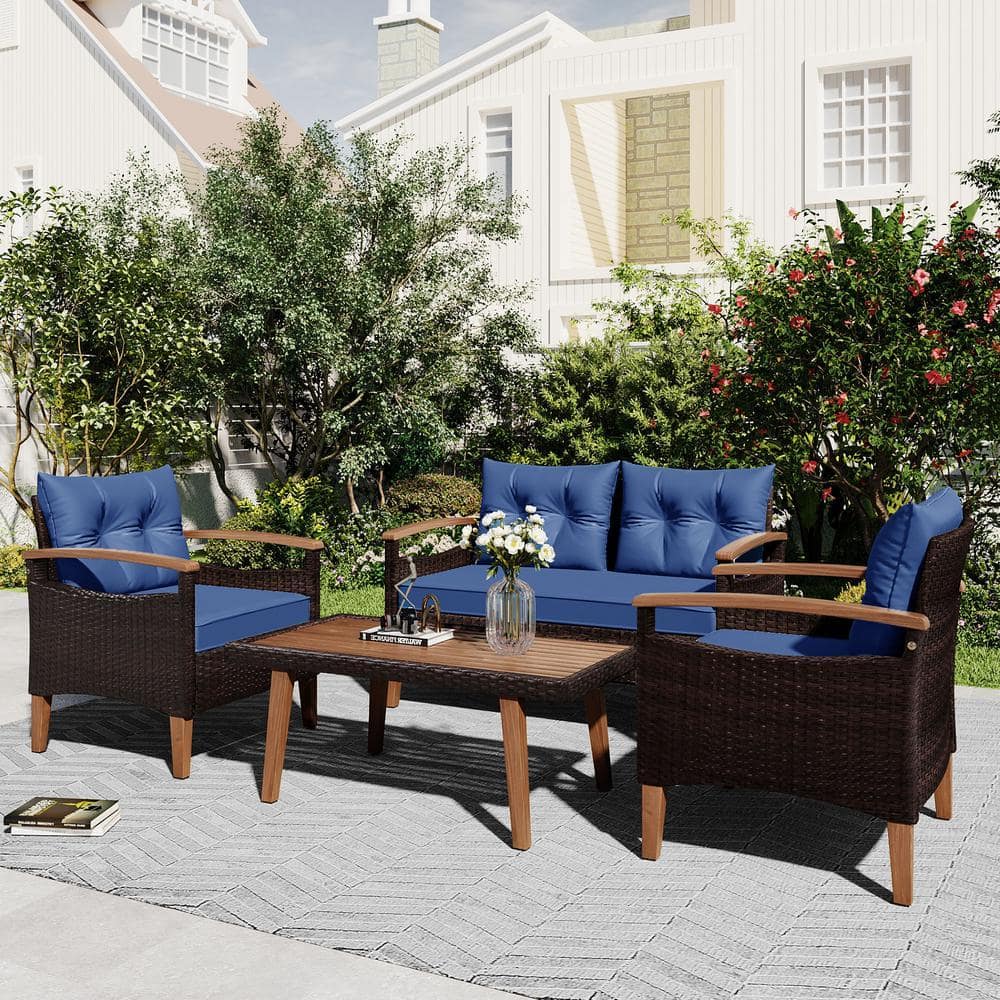 Gtnali Outdoor 4-Piece Patio Wicker Furniture Conversation Set with ...