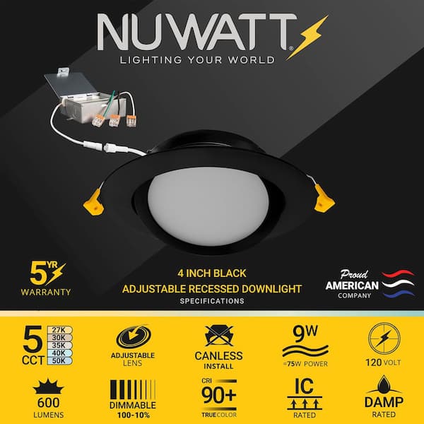 4 in. Canless 2700K-5000K 5 CCT 9W New Construction Integrated LED Recessed Light Kit in Black (6-Pack)
