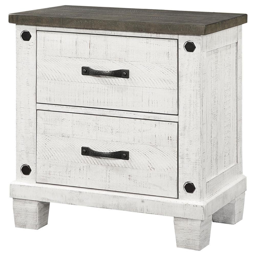 Distressed Gray and White 2-Drawer Pine Wood Nightstand