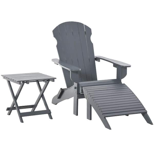 Unbranded Gray Outdoor Wooden Folding Adirondack Chair Set of 3 with Ottoman and Side Table for Patio, Backyard, Garden, Lawn