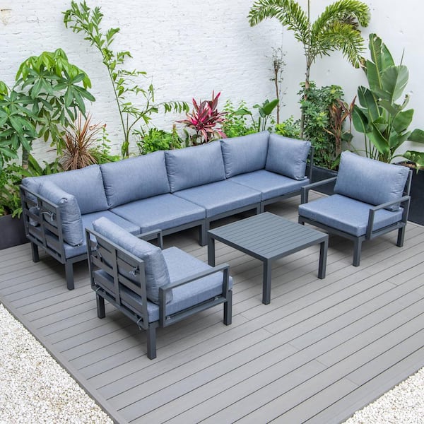 Leisuremod Hamilton 7-Piece Aluminum Modular Outdoor Patio Conversation Seating Set With Coffee Table & Cushions in Charcoal Blue