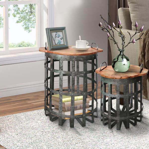 Benjara Industrial Grid Galvanized 20.5 in. H Gray and Brown Accent End Table with Round Lid and Handles (Set of 2)