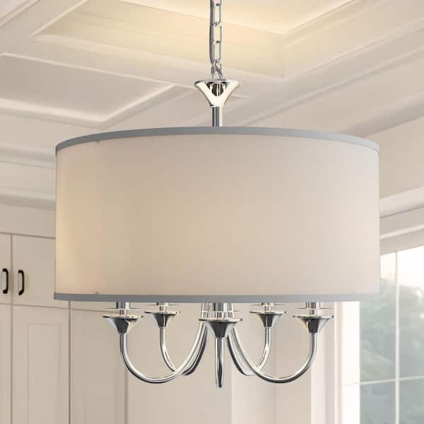 Industrial Style 5-Light Chrome Chandelier with White Shades for Kitchen and Dining Rooms (Light Bulbs Not Included)