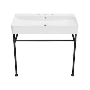 36 in. W Carre Ceramic White Console Sink With Matte Black Legs and 8 in. Widespread Faucet Holes
