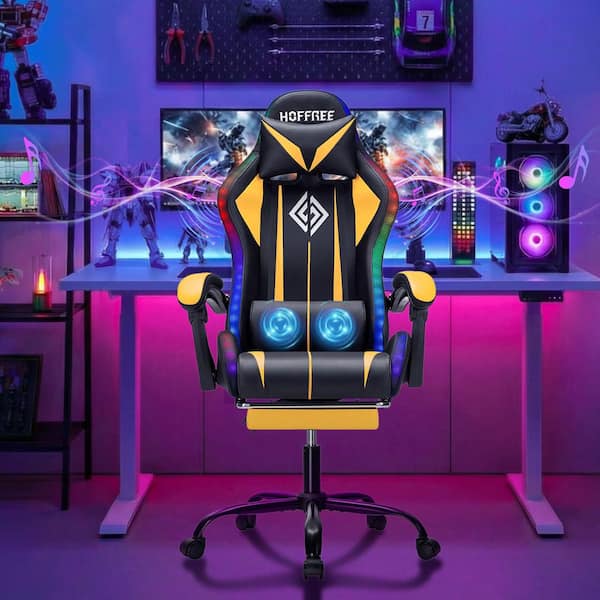 LED Faux Leather Massage Gaming Chair with Bluetooth Speakers in Black and Yellow with Footrest Headrest Lumbar Support