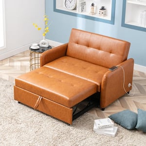 69.7 in. PU Leather Full Size Convertible 2-Seat Sleeper Sofa Bed Adjustable Loveseat Couch with Dual USB Ports in Brown