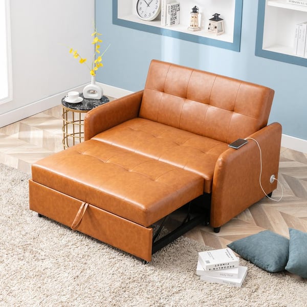 J E Home 69 7 In Pu Leather Full Size Convertible 2 Seat Sleeper Sofa Bed Adjule Loveseat Couch With Dual Usb Ports Brown