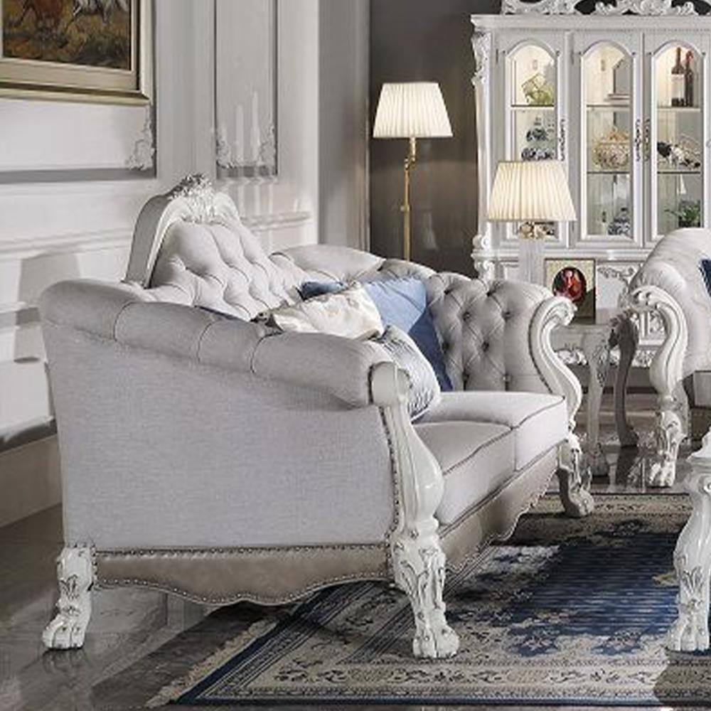 Bone White Tufted Leather Loveseat with Nailhead Trim