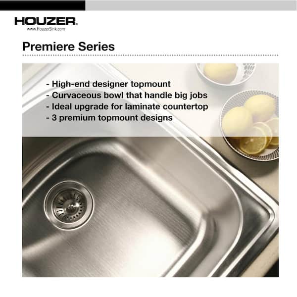 Houzer PGS-3122-4-1 Premiere Gourmet Series Topmount Stainless Steel 4-Hole Large Single Bowl Kitchen Sink Houzer PGS-3122-4-1 Premiere Gourmet Series Topmount Stainless Steel 4-Hole Large Single Bowl Kitchen Sink