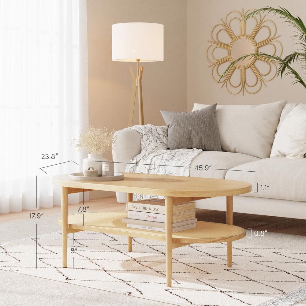 Sonia Bohemian Oval Light Wood Coffee Table with Rattan Storage