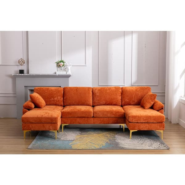 Homefun 114 In Rolled Arm 4 Piece Velvet L Shaped Sectional Sofa Orange With Chaise Hfhdsn 918og The