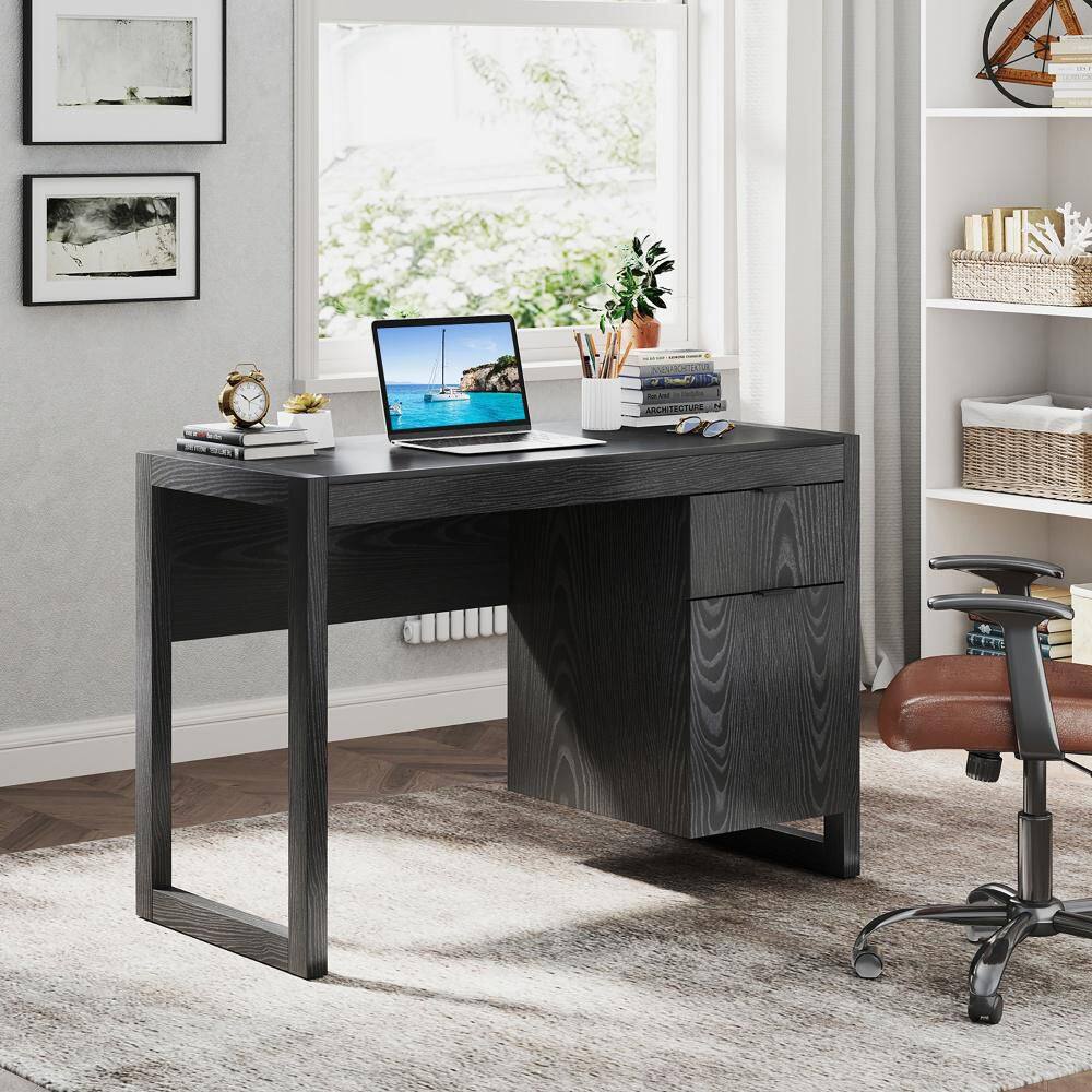 Computer Desk w/ Storage Cabinet Pull-out Drawer Stable Thick Legs for Bedroom Black