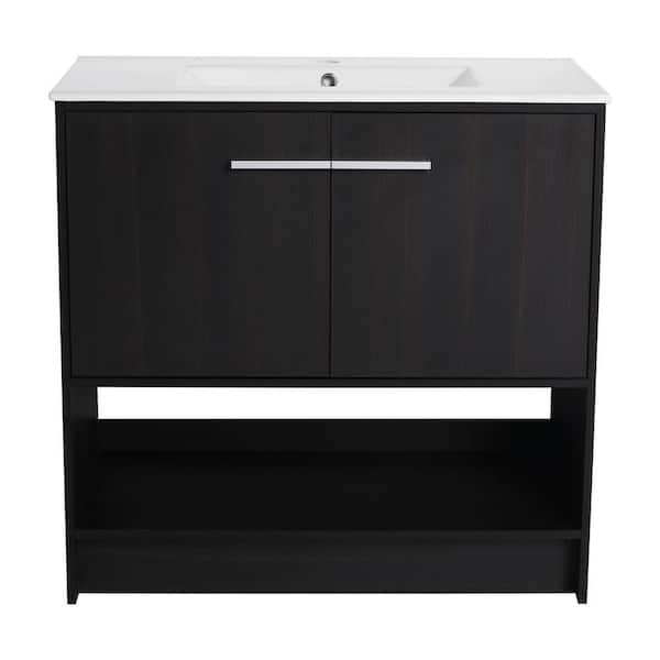 36 in. Single-Sink Freestanding Black Oak Bath Vanity with White Ceramic Top Unassembled and 2 Soft Closing Doors