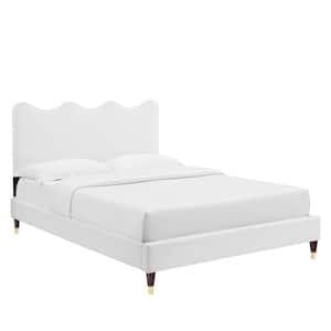 Current Performance Velvet Twin Platform Bed in White with wood legs & gold metal sleeves