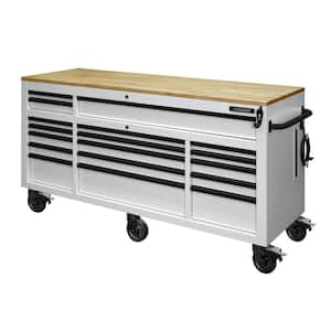 72 in. W x 24 in. D Heavy Duty 18-Drawer Mobile Workbench Cabinet with Adjustable Height Wood Top in Matte White