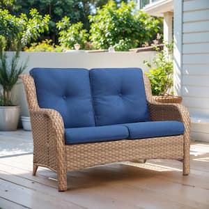 2-Seat Wicker Outdoor Loveseat Sofa Patio with CushionGuard Cushions Yellow/Blue