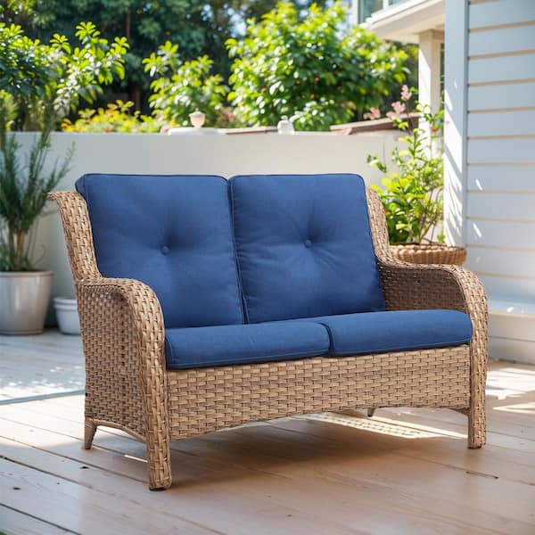2-Seat Wicker Outdoor Loveseat Sofa Patio with CushionGuard Cushions Yellow/Blue