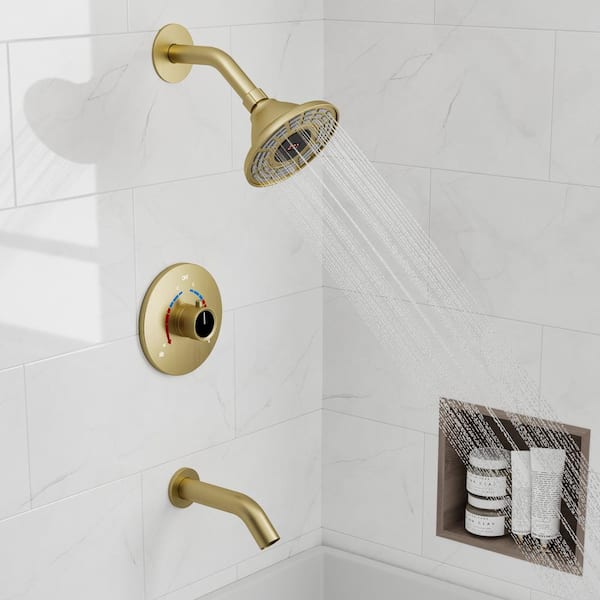 YAWWALK Single Handle 1-Spray Tub and Shower Faucet Temperature Display Shower Head in Brushed Gold (Valve Included)