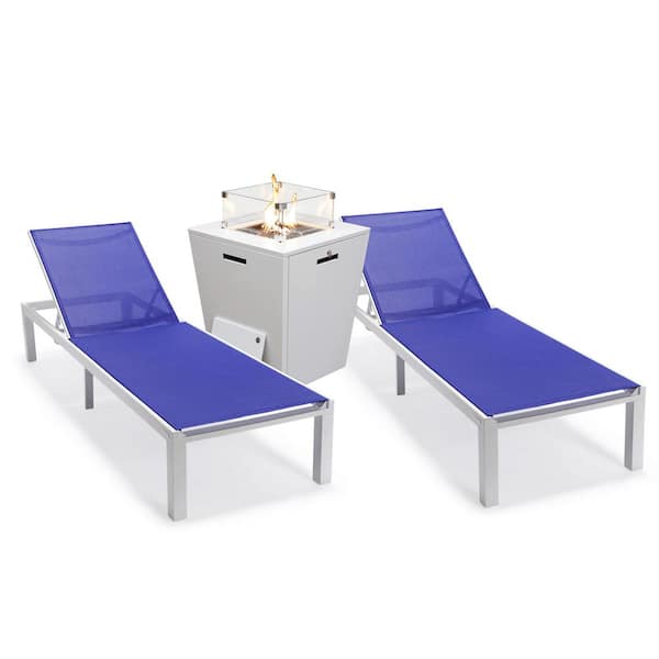 Leisuremod Marlin Modern White Aluminum Outdoor Patio Chaise Lounge Chair Set of 2 with Fire Pit Table (Navy Blue)
