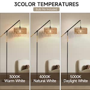 68 in. 1-Light Black Modern Rope Adjustable Swing Arm Floor Lamp with Rattan Shade Marble Base Foot Switch for Bedroom