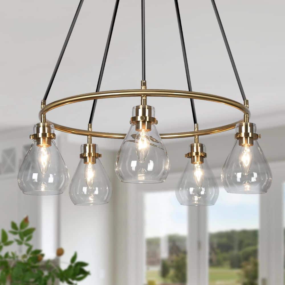 5-Light Electroplated Brass Wagon Wheel Chandelier with Clear Glass Shades price history on PriceWatchPro