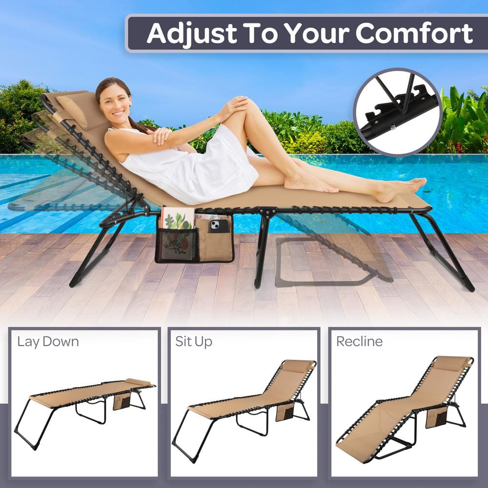 Beige Textilene and Iron Folding Outdoor Chaise Lounge Chair