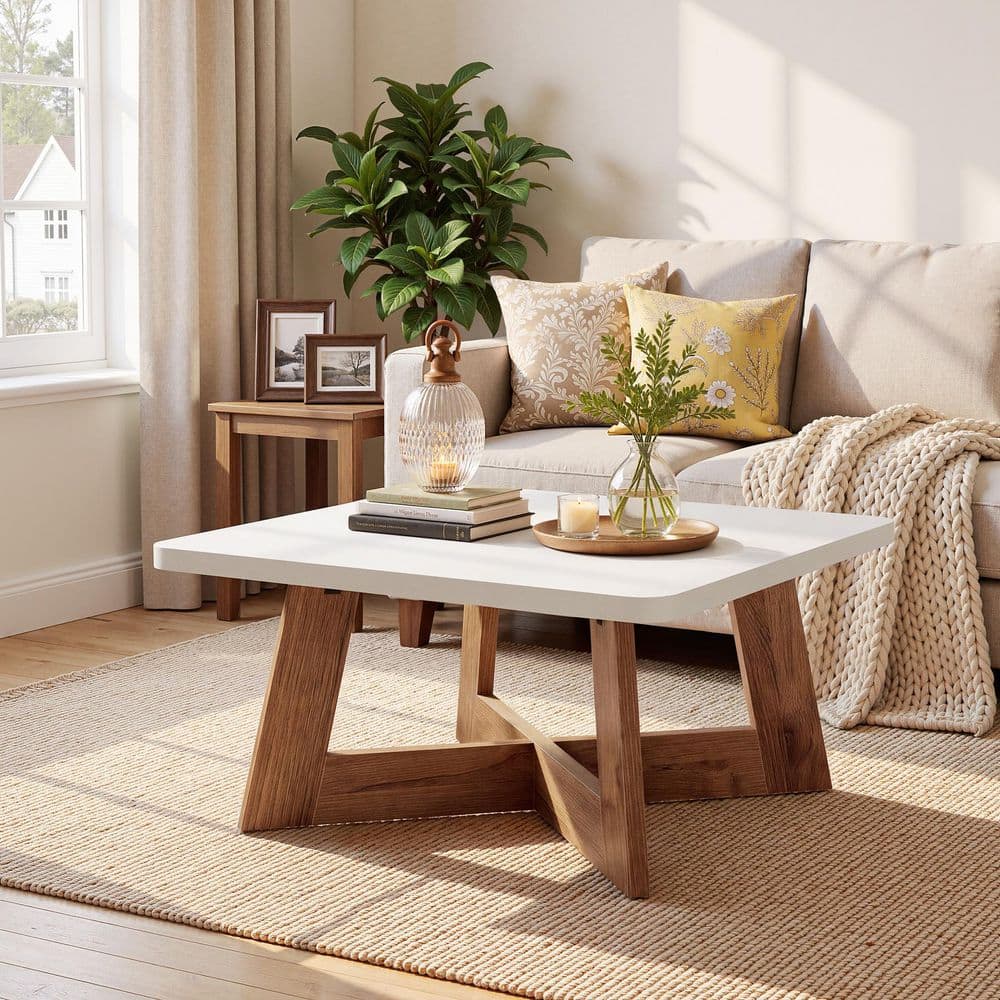 31.5 in. White Square MDF Coffee Table with Sturdy Cross Legs, Modern Center Table Sofa Table for Living Room, Apartment price history on PriceWatchPro