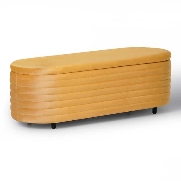WESTINFURNITURE Farrah 54 in. Wide Oval Velvet Upholstered Entryway Flip Top Storage Bedroom Accent Bench in Mustard