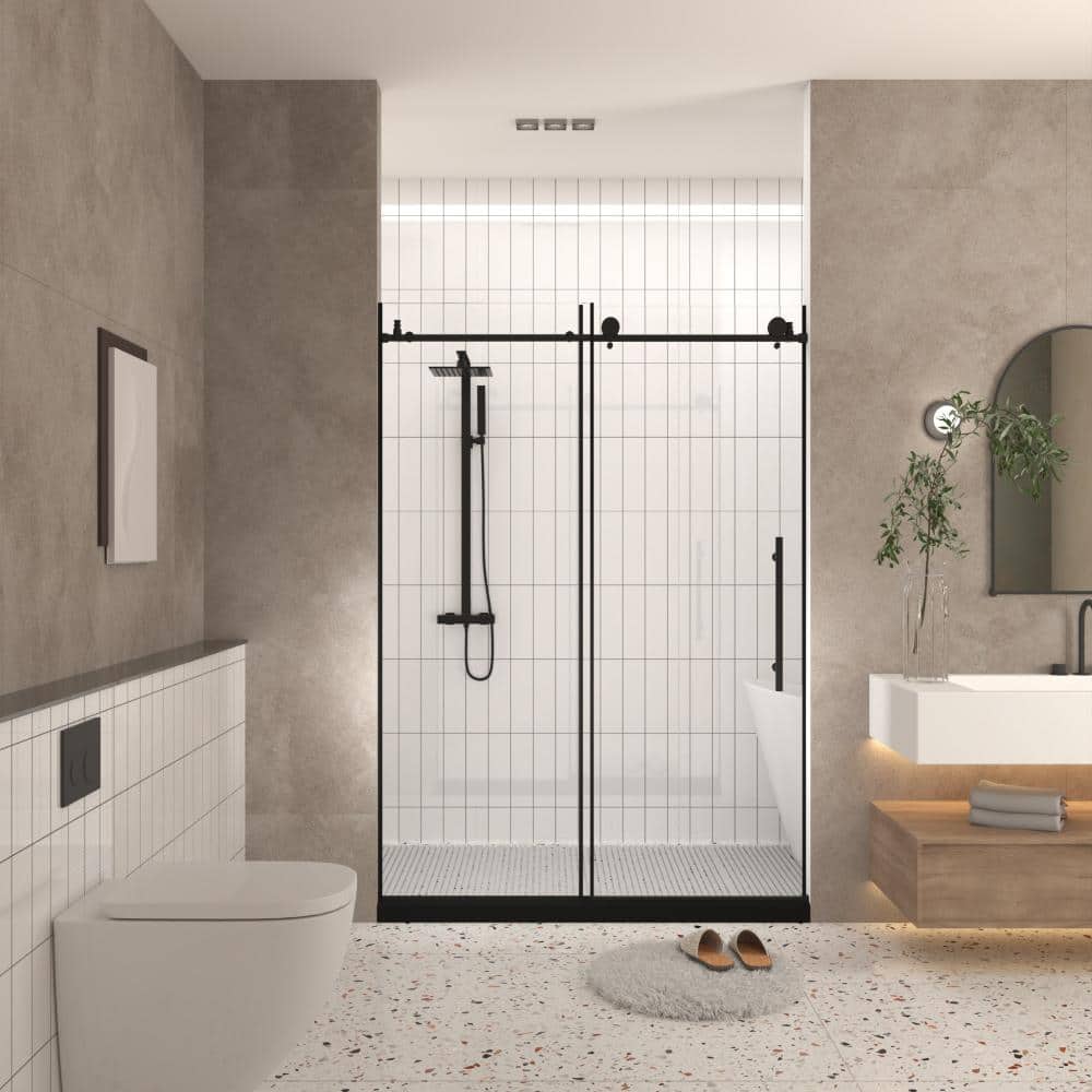 44-48 in.W x 76 in.H Black Frameless Sliding Shower Door,6mm Clear Tempered Glass,Explosion-Proof Film,Reversible price history on PriceWatchPro