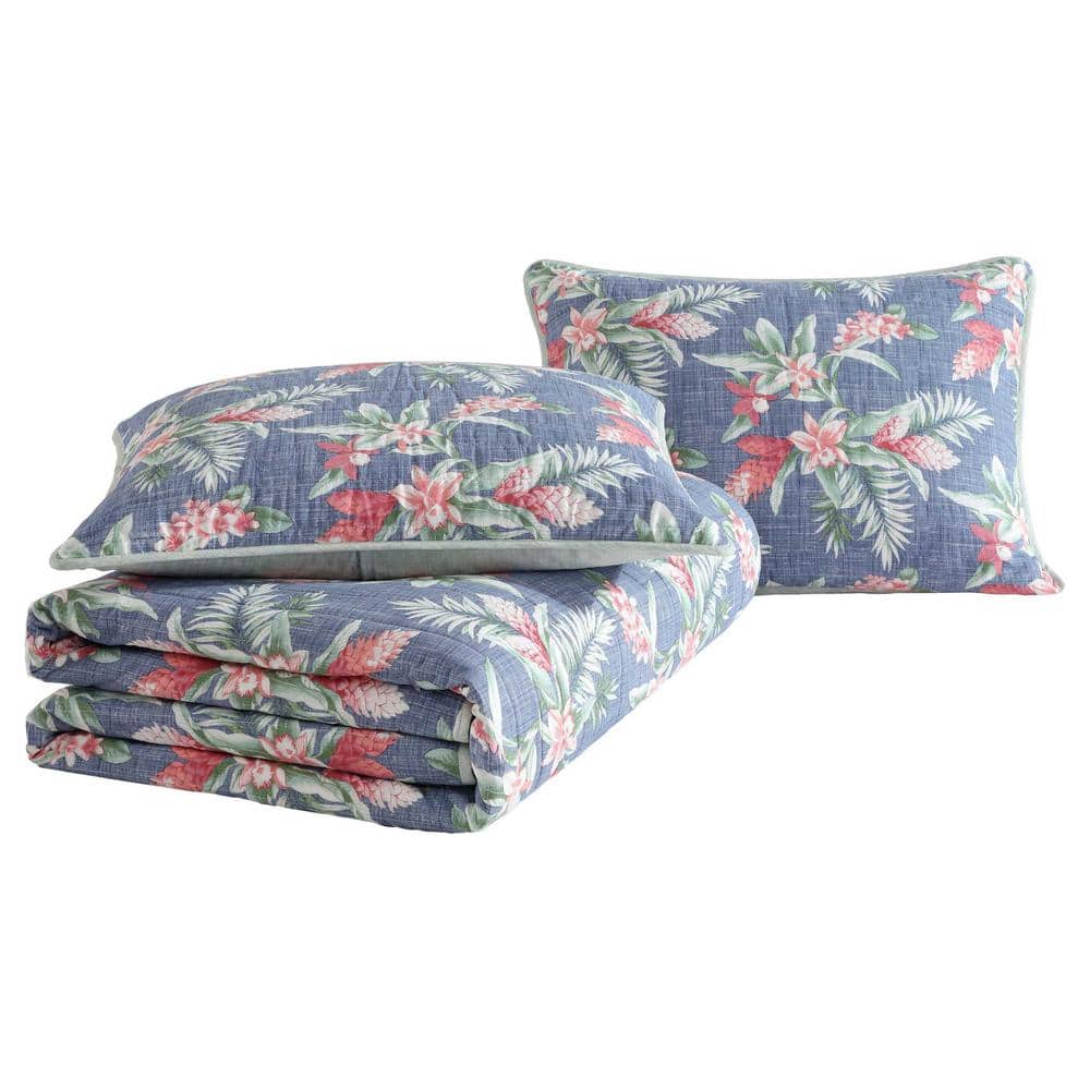 Navy Cotton Reversible Twin Quilt Set with Floral Design