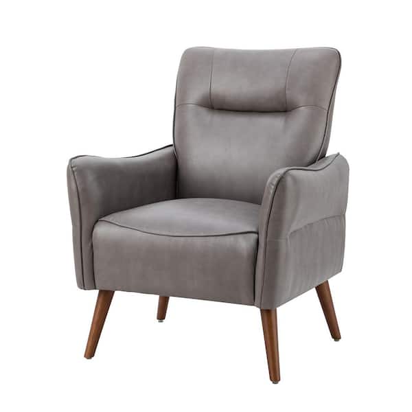 JAYDEN CREATION Zuri Vegan Leather Grey Armchair with Solid Wood Legs