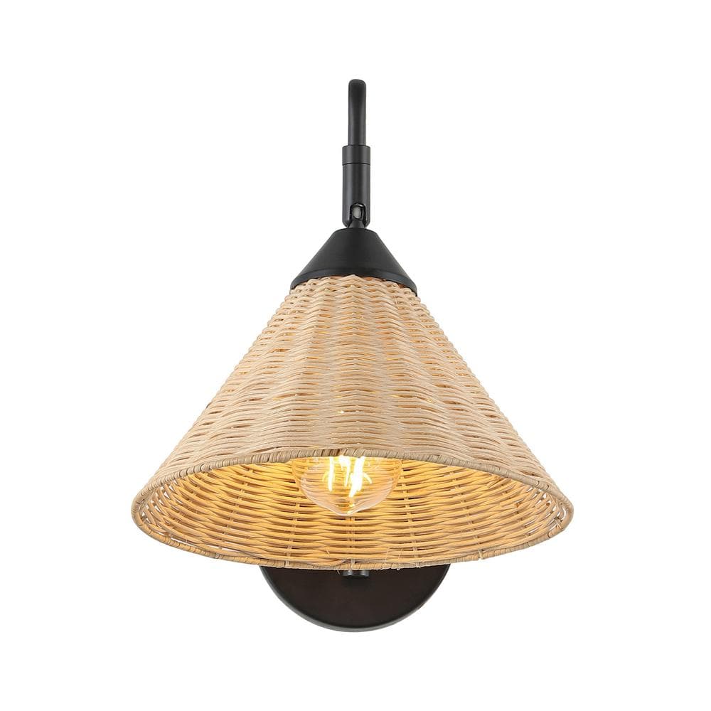 Black Iron Swing Arm Sconce with Natural Woven Shade