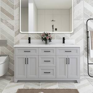 60 in. W x 22 in. D x 35 in. H Double Sinks Freestanding Bath Vanity in Gray with White Engineered Stone Composite Top