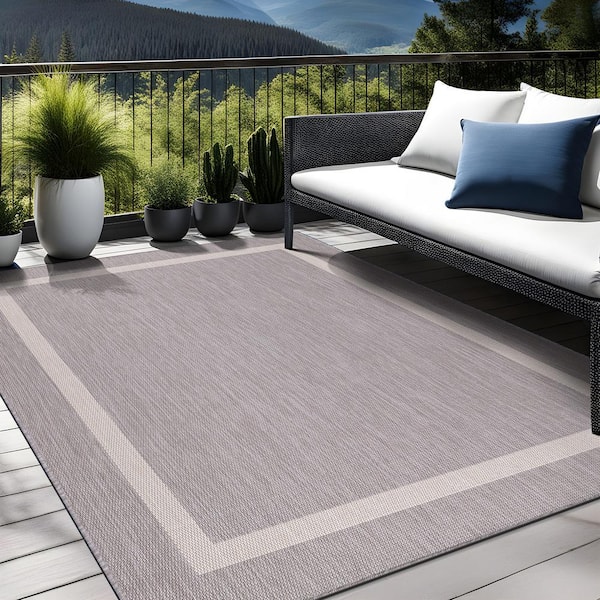 9 X 12 Gray White Waikiki Modern Bordered Indoor Outdoor Area Rug