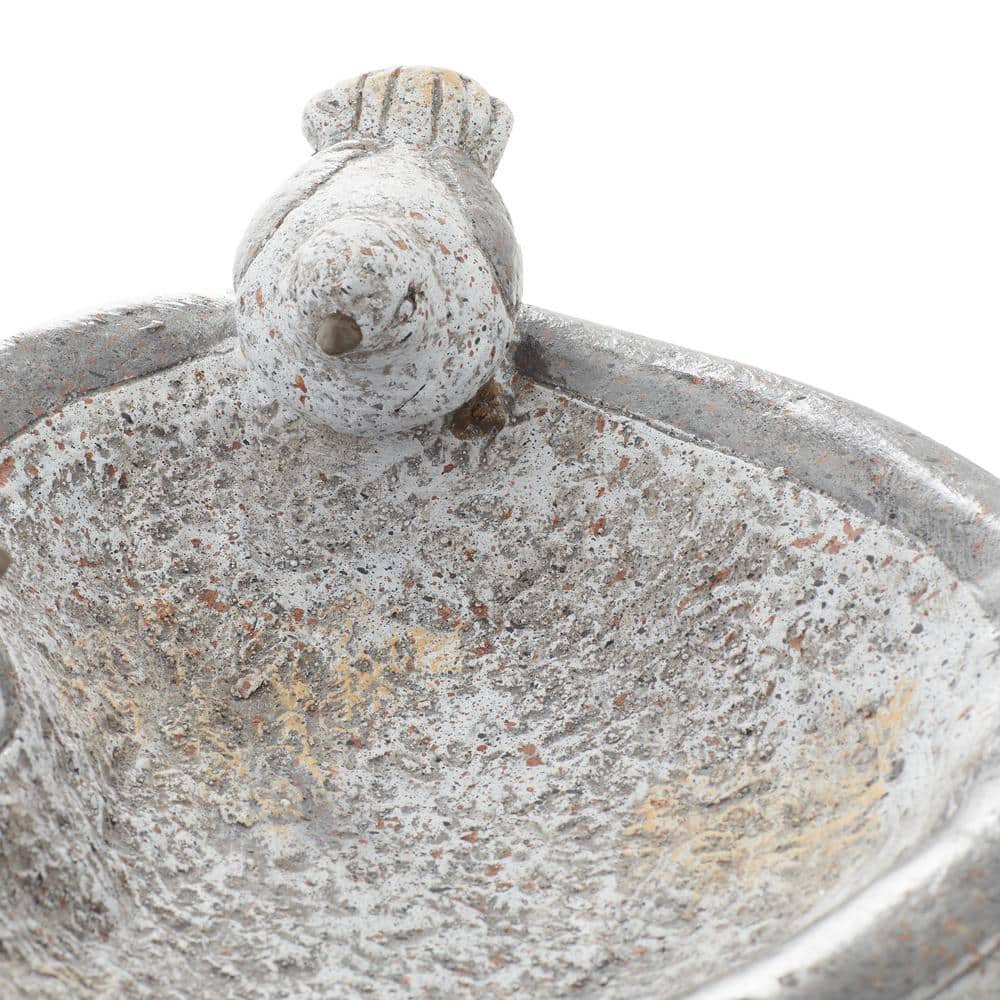 Gray Polystone Bird Garden Sculpture with Bath Bowl