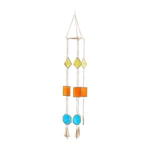 35 in. Multi Colored Metal Geometric Indoor Outdoor Windchime with Stained Glass