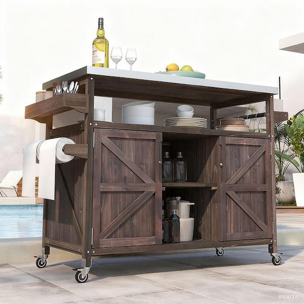 Brown Stainless Steel 50.25 in. Kitchen Island with 100% Fir Wood and 4 S-Hook Hangers, Stainless Steel Top for Outdoor